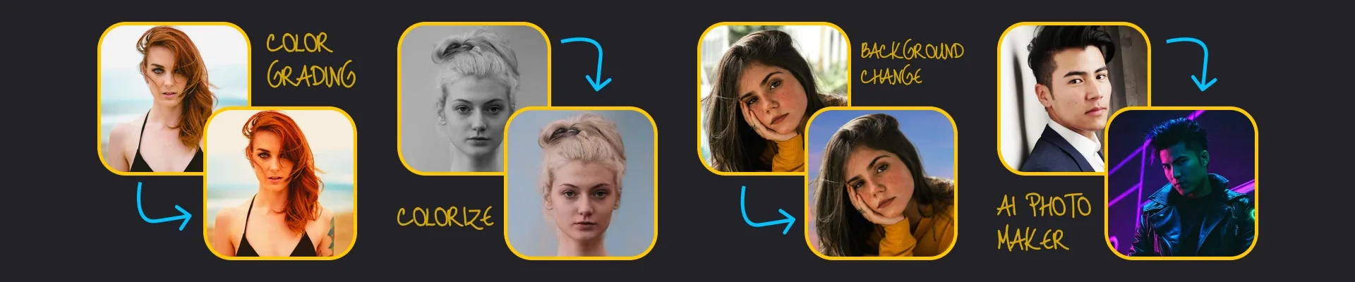 AI editing tools: color grading, colorize, background change and AI photo maker examples